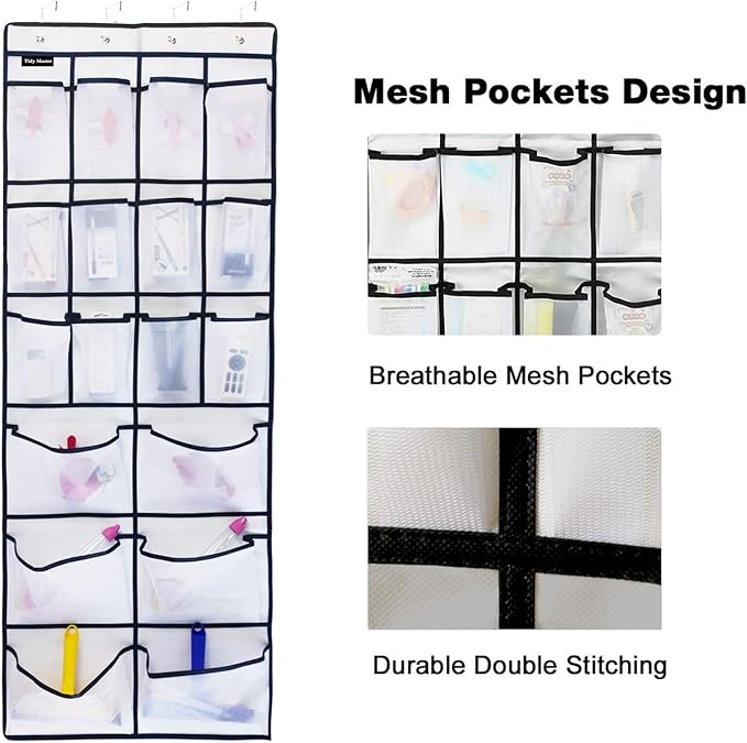 2 Pack Extra Large Hanging Over Door Shoe Organizers, 12 Mesh Pockets + 6 Large Mesh Storage Various Compartments with 8 Hooks Shoes Holder for Closet Bedroom, White (59 x 21.6 inch)-NeatNest