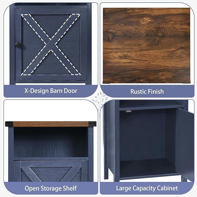 Catrimown Farmhouse Nightstand Set of 2 with Barn Door and Shelf, Side Table, Rustic End Table for Bedroom, Living Room, Navy Blue-NeatNest