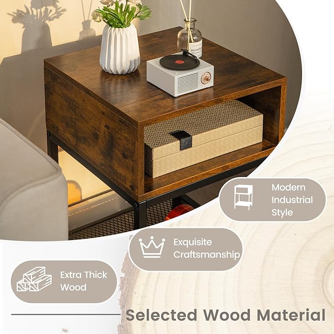 Giantex 2-Tier Side Table, Industrial End Table with Open and Mesh Storage Shelf, Stable Metal Frame, Telephone Table for Small Space, Bedside Table Night Stand for Living Room Bedroom, Rustic Brown