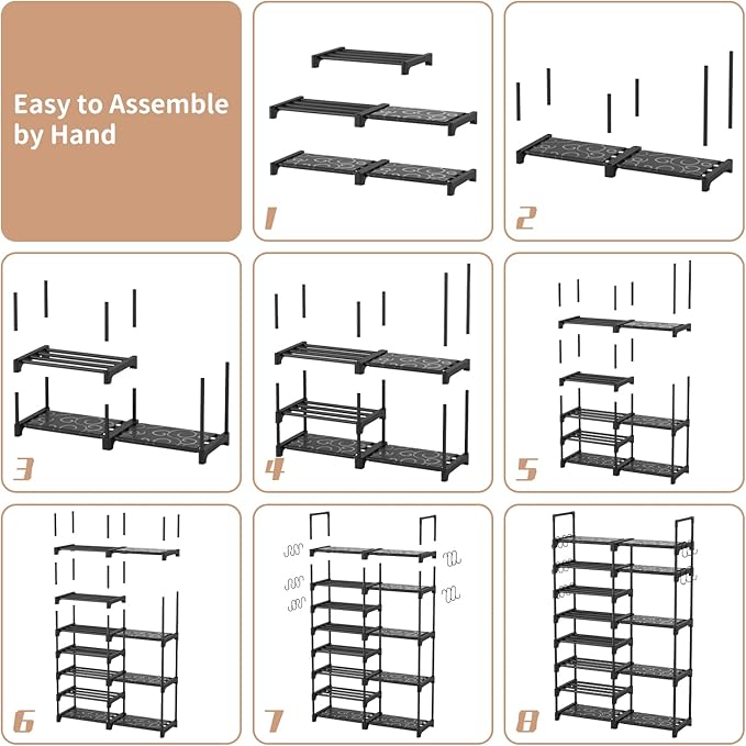 ROJASOP Shoe Rack Organizer, 8-Tier Metal Shoe Rack for Closet Entryway Garage, 26-32 Pairs Tall Shoe Boot Storage Shelf with 15 Hooks, Stackable Large Shoe Stand-NeatNest