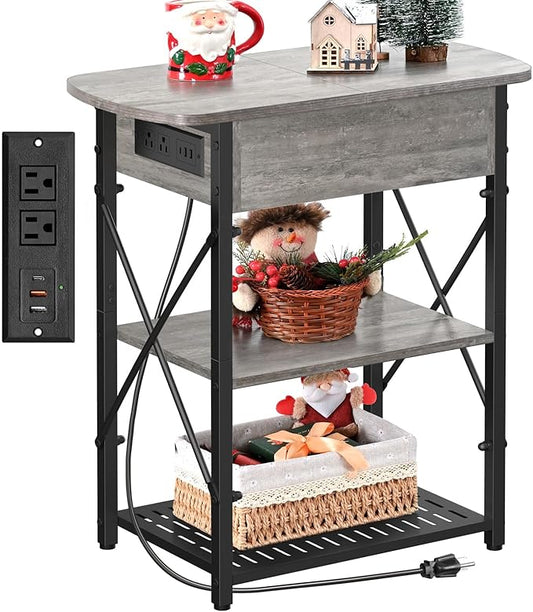 Narrow End Table with Charging Station, Grey Side Table with 3 USB Ports and 2 AC Outlets, Flip Top End Table with Storage, Bedside Table with Drawer, Side Tables Living Room, Bedroom