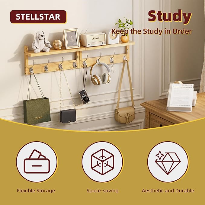 Coat Rack with Shelf, 2 Pack Bamboo Wall-Mounted Coat Hanger with 8 Hooks for Entryway, Hallway, Kitchen, Bathroom, Living Room, Utility Room (Natural)-NeatNest