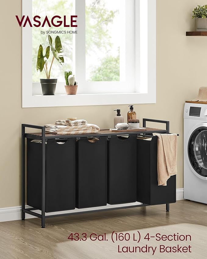 VASAGLE Laundry Hamper, Laundry Basket, Laundry Sorter with 4 Pull-Out and Removable Bags, Shelf, Metal Frame, 4 x 10.6 Gallons (40 L), 45.7 x 13 x 28.4 Inches, Ink Black and Rustic Brown UBLH401B01-NeatNest