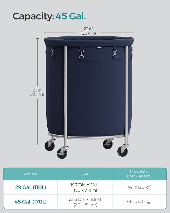 SONGMICS Laundry Basket with Wheels, Rolling Round Laundry Hamper Cart, 45 Gal. with Steel Frame and Removable Bag, 4 Casters and 2 Brakes, Charcoal Blue and Metallic Silver URLS001Q01