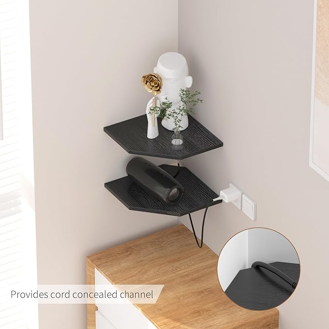 JJL Corner Shelves, 12 Inch Corner Shelf Wall Mounted with Wire Hole, 2 Tier 13.3 Inch Deep Wooden Corner Hanging Shelving for Wall Storage, for Speaker, Cable Box, Black-NeatNest