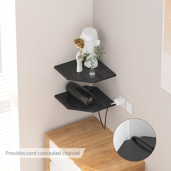 JJL Corner Shelves, 12 Inch Corner Shelf Wall Mounted with Wire Hole, 4 Tier 13.3 Inch Deep Wooden Corner Hanging Shelving for Wall Storage, for Speaker, Cable Box, Black-NeatNest
