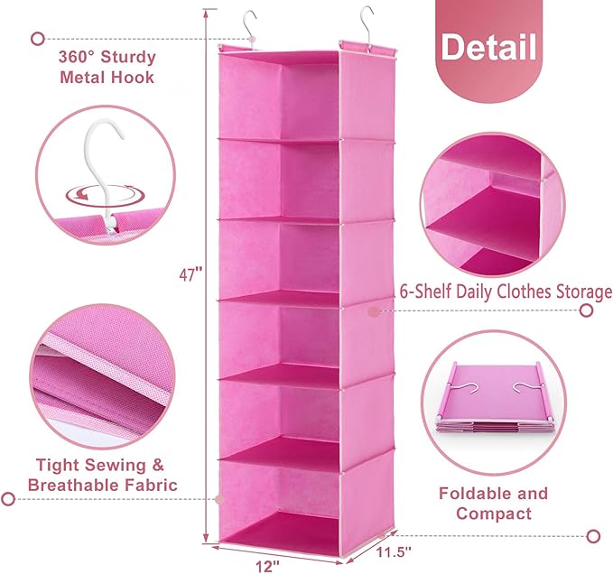 MAX Houser 6-Shelf Hanging Closet Organizer, Hanging Storage Shelves with 2 Sturdy Hooks Space-Saving for Bedroom, Foldable (Pink)-NeatNest