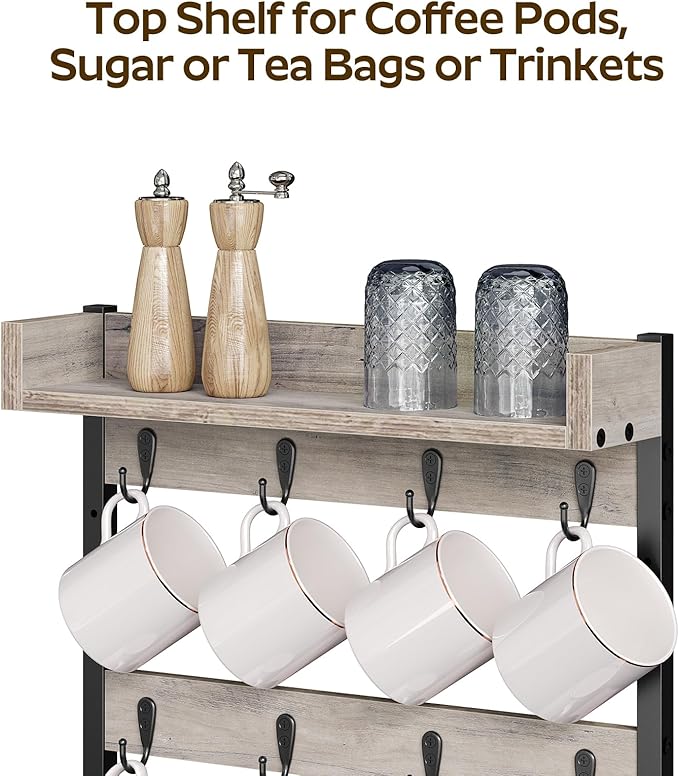 Coffee Mug Holder Stand, 3 Tier Mug Tree Rack, Hanging 12 Cups, with Top Shelf, for Kitchen, Dining Room, Living Room, Cafe, Greige and Black MH42BG-NeatNest