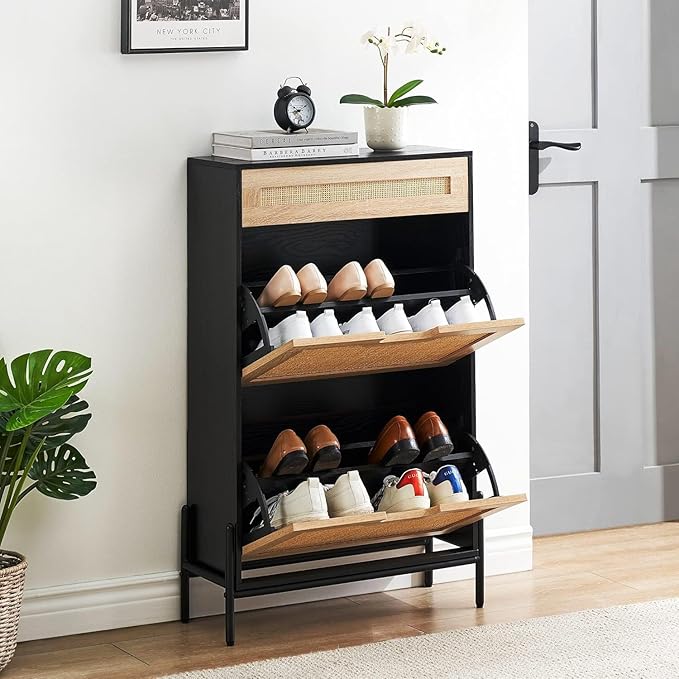 Shoe Cabinet, Shoe Rack Storage Cabinet with 2 Flip Down 1 Drawer, Natural Rattan Freestanding Shoe Cabinet Wood Organizer with 3-Tier Adjustable Shelves for Entryway Hallway Doorway-NeatNest