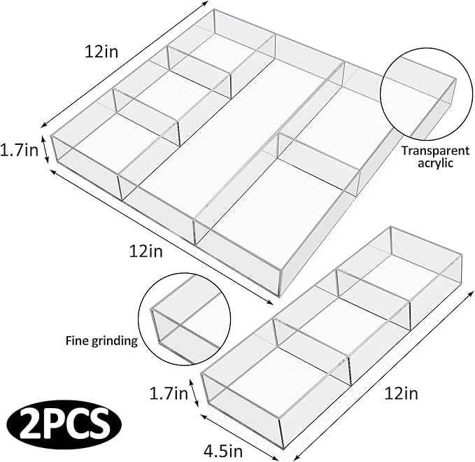 Chunful Clear Drawer Organizer 2 Pieces 6 Section Clear Desk Organizer with Dividers 3 Section Acrylic Makeup Tray Divided Drawer Inserts Sectioned Tray Makeup Storage-NeatNest