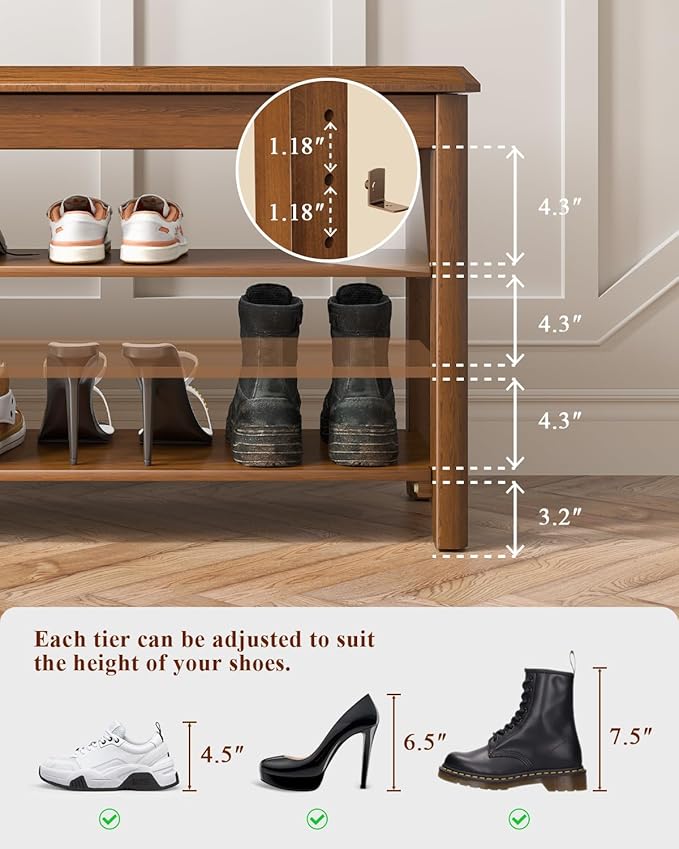 Shoe Rack Bench Seat Rubberwood 3-Tier Wooden Storage Bench 550lbs Compact Mid-Century Modern Design for Entryway, Hallway, Closet, Front Door Entrance, Foyer