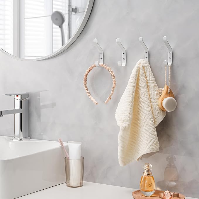 Coat Hook for Hanging, 20LB (Max), Stainless Wall Hooks for Towel, Hat, Backpack, Key, Clothes, Wall Mounted Coat Hanger for Closet, Metal, White, 4 Pack-NeatNest