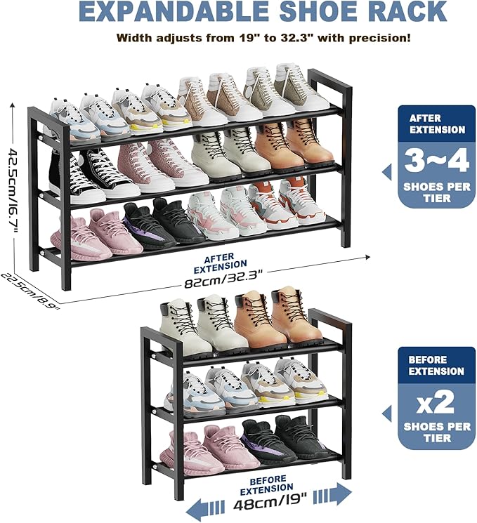Mavivegue Expandable Shoe Rack for Closet, 3-Tier Shoe Organizer, Adjustable Shoe Rack for Front Door Entrance, Entryway-NeatNest