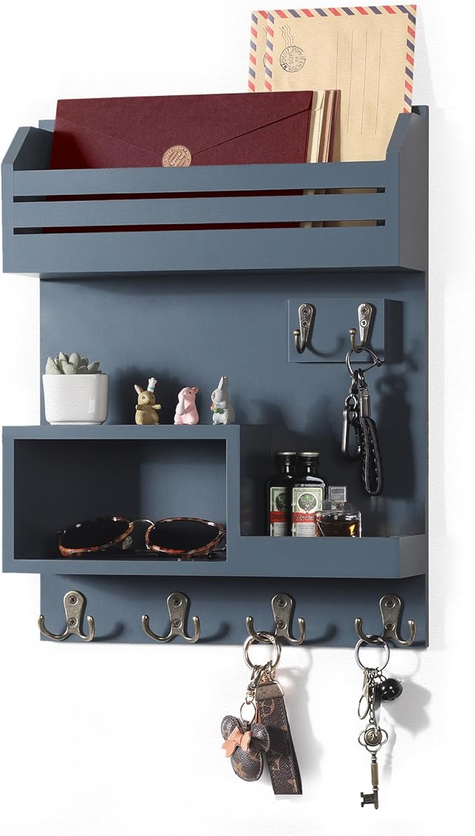 DOPACE Key Holder for Wall, Wall Mounted Mail Organizer with 6 Key Hooks for Sunglasses Storage and Dog Leash Hanger, Gray