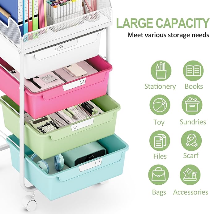 Utility Cart with Drawers,Rolling Cart with Drawers,Craft Cart,Storage Cart with 4 Drawers & DIY Lable for Office Kids Room Bedroom, Multicolor
