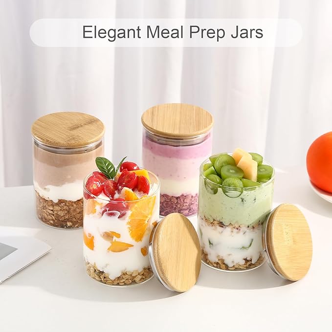 4 Pack Overnight Oats Containers with Bamboo Lids,16 Oz Glass Jars with Airtight Lids for Oats, Cereal, Yogurt, Chia Seed Pudding.Salad Jars Meal Prep
