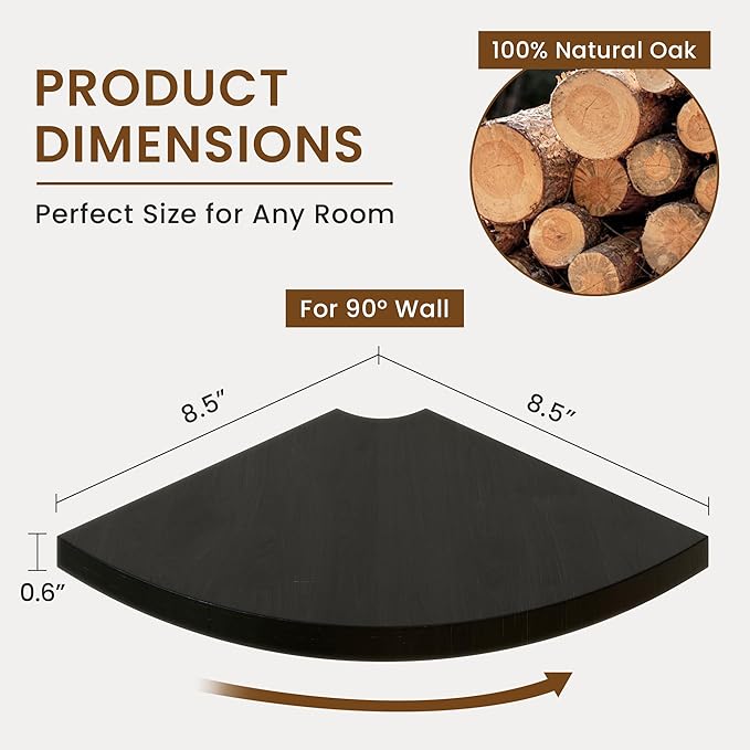 Fun Memories Corner Shelf Wall Mount Set of 2 - Solid Oak Wood Floating Corner Shelf with Cable Hole, 8.5in Rustic Design for Bedroom, Living Room, Kitchen (Black)-NeatNest