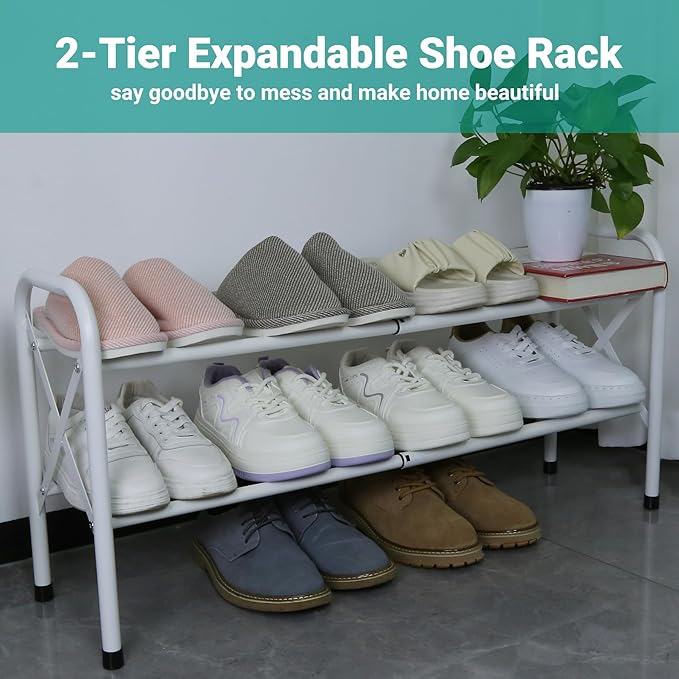 2-Tier Free Standing Shoe Racks, White Shoe Storage Rack, Metal Shoe Storage Shelf for 12 Pairs of Shoes-NeatNest