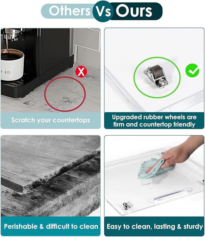 HAYVAN Acrylic Sliding Tray for Coffee Maker & Heavy Kitchen Appliances - Appliance Slider with Silent Wheels Slides Easily from Under The Cabinet - Easy to Clean (Clear, 9.8” W x 14”D)