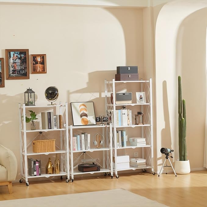 DEANIC 4 Tier Foldable Storage Shelves with Wheels, Large Capacity Shelving Unit, Freestanding Metal Wire Shelf Rack, No Assembly Organizer Rack for Garage Kitchen, Basement, Pantry(White)-NeatNest