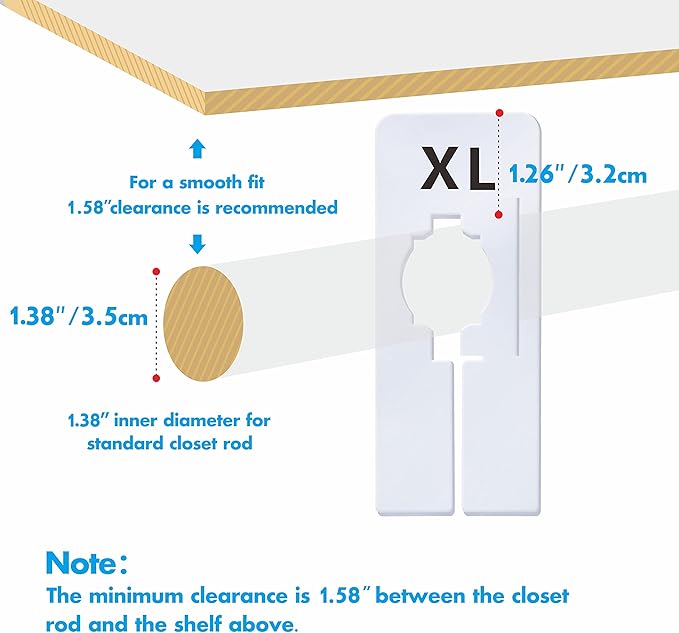 40 Pack Rectangular White Plastic Clothing Size Closet Rack Dividers Hangers, Preprinted in 8 Sizes XXS, XS, S, M, L, XL, XXL, XXXL (2.5”x 5”, Inner Diameter 1.38”)-NeatNest