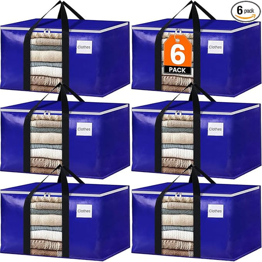 BlissTotes 6 Pack Moving Bags with Clear Window, Storage Bags with Strong Carrying Handles & Zippers,Large Packing Bags for Saving Space, Alternative to Moving Boxes(Blue,24 Gallon)-NeatNest