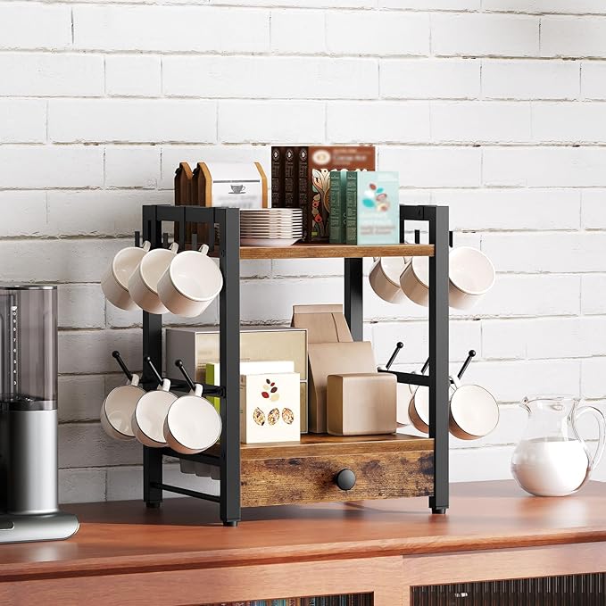3-Tier Coffee Mug Holder with 12 Hooks, Coffee Bar Organizer, 25 Pods Capacity, Versatile Desktop Storage Rack, Space-Saving, for Kitchen, Living Room, Rustic Brown and Black MH01BR-NeatNest