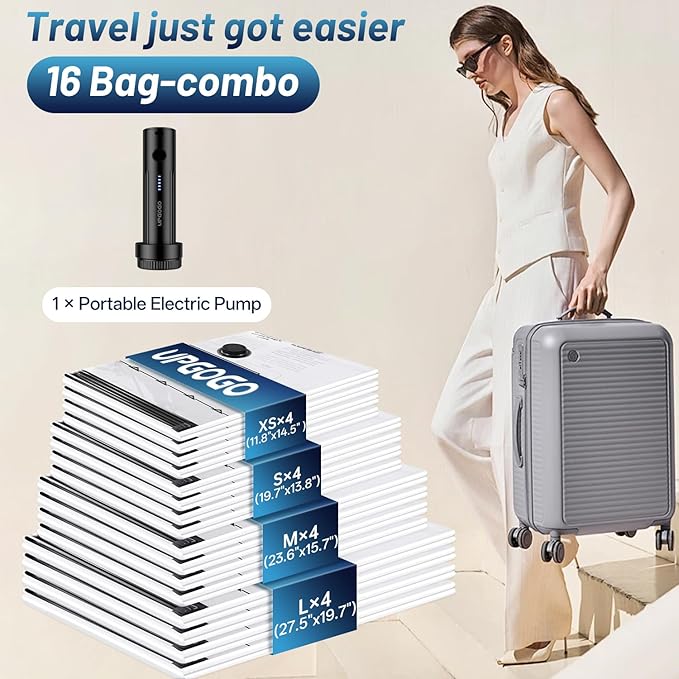 Combo 16 Pack Travel Vacuum Bags for Luggage with Portable Electric Pump,Vacuum Seal Bags for Clothing,Packing Cubes Compression,Cruise Ship and Travel Essentials-NeatNest