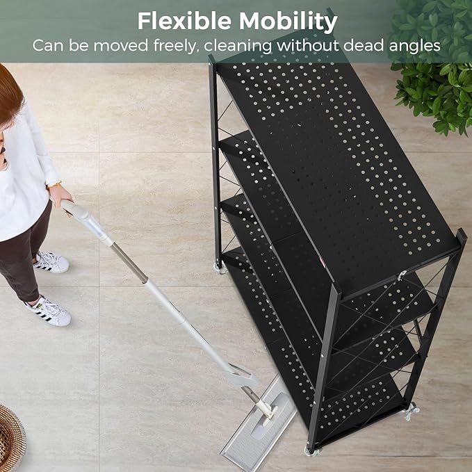 DEANIC 4 Tier Foldable Storage Shelves with Wheels, Large Capacity Shelving Unit, Freestanding Metal Wire Shelf Rack, No Assembly Organizer Rack for Garage Kitchen, Basement, Pantry(Black Pack of 2)-NeatNest