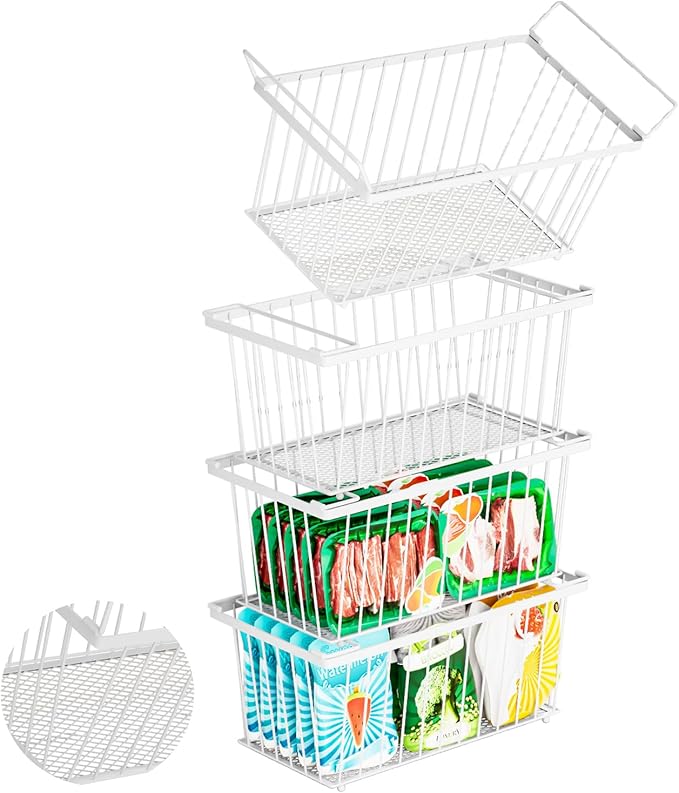 Freezer Organizer Bins ，Upgraded Bottom Leak-Proof net，4 Pack，Encryption and Hardening ，Deep Freezer Organizer Bins for 7 Cu.FT Small Chest Freezer， Easy Get Bottom Foods（white）