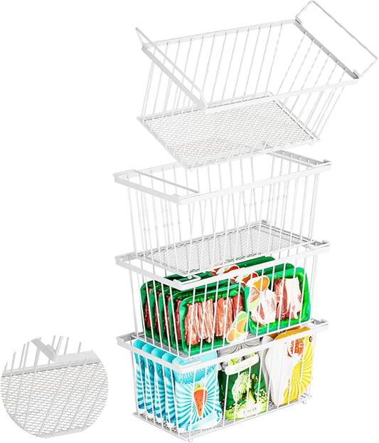 Freezer Organizer Bins ，Upgraded Bottom Leak-Proof net，4 Pack，Encryption and Hardening ，Deep Freezer Organizer Bins for 7 Cu.FT Small Chest Freezer， Easy Get Bottom Foods（white）