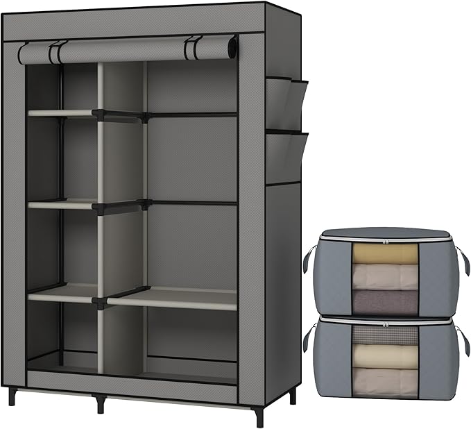 Calmootey Portable Closet, Wardrobe with 6 Shelves and Hanging Rod, Storage Organizer for Bedroom, Non-Woven Fabric Cover with 4 Side Pockets, Includes 2 Storage Bags for Clothes, Grey-NeatNest