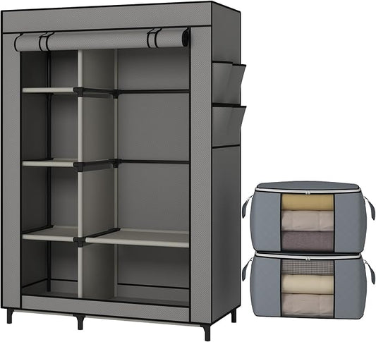 Calmootey Portable Closet, Wardrobe with 6 Shelves and Hanging Rod, Storage Organizer for Bedroom, Non-Woven Fabric Cover with 4 Side Pockets, Includes 2 Storage Bags for Clothes, Grey-NeatNest