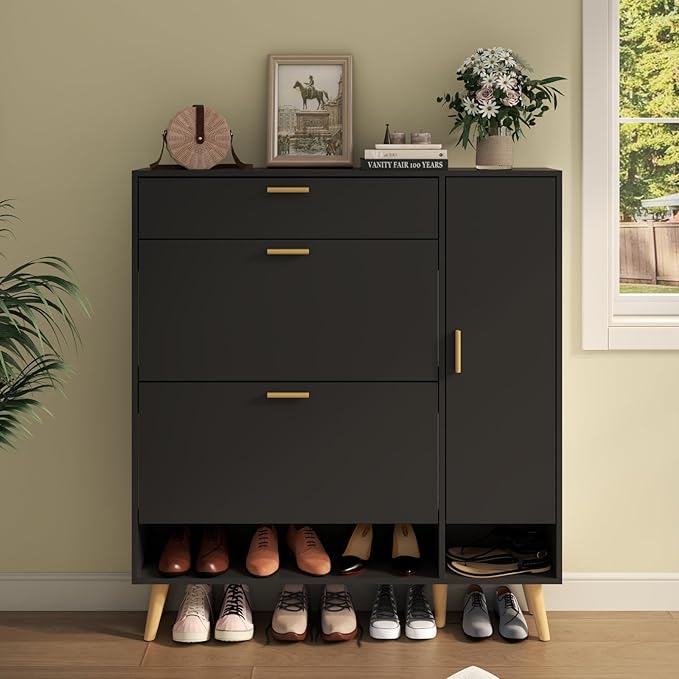 Shoe Storage Cabinets, 16 Pairs Free Standing Shoe Organizer with 2 Flip Drawers for Entryway, Narrow 3 Tier Entryway Hidden Shoe Rack with Doors (Upgraded Black)-NeatNest