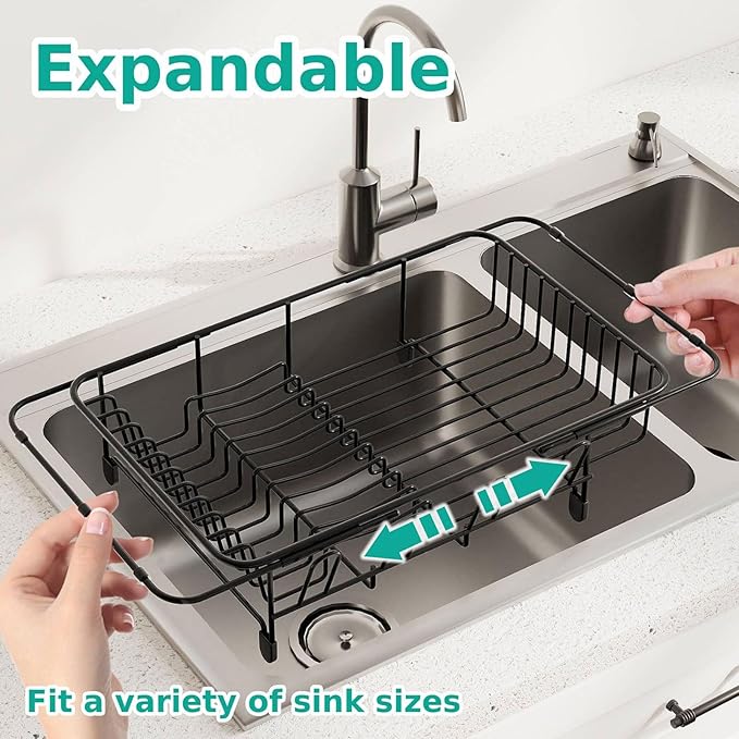 Dish Drying Rack in Sink Expandable Stainless Steel Kitchen Dish Drainer with 4 Cup Holders, Black