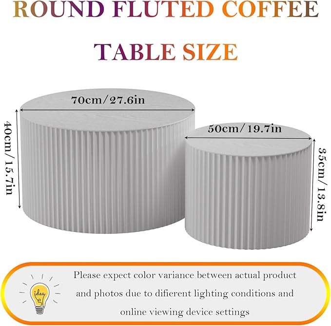 Round Nesting Coffee Table White Modern Circular Stripe Coffee Tables Set of 2 No Assembling for Small Space - Living Room Study Balcony (J-27.6+19.7in)