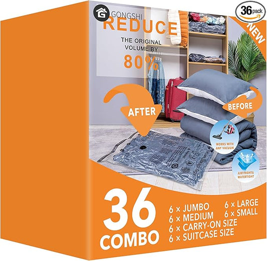 36 Pack Vacuum Seal Bags For Clothing,(6 Jumbo, 6 Large, 6 Medium, 6 Small, 6 Travel roll up bags,6 small Travel roll up bags) Space Saver Bag for Clothes, Blanket, Duvets, Pillows, Comforters-NeatNest