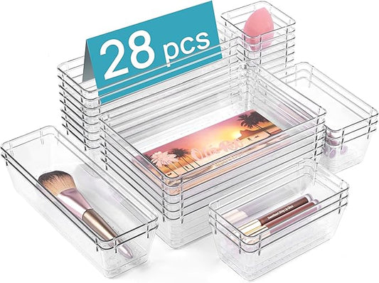Vtopmart 28 PCS Clear Plastic Drawer Organizers Set, 4-Size Bathroom and Vanity Drawer Organizer Trays, Acrylic Storage Bins for Toiletries, Makeup, Cosmetic, Kitchen Utensils, Tool, Gadgets-NeatNest