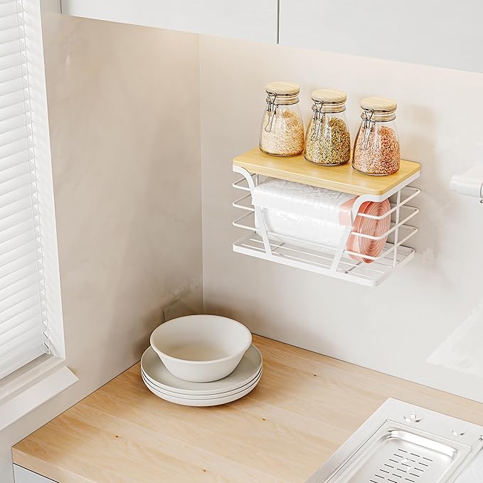 Small Grocery Bag Holder, Trash Bag Dispenser with Bamboo Top for Laundry Room Organization,Laundry Organizers and Storage, White