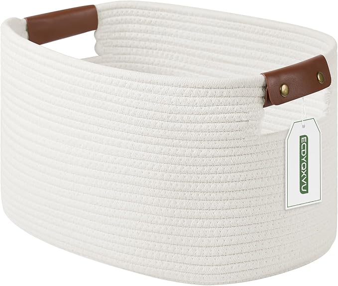 Cotton Rope Basket , Storage Baskets with Handle, 15x10x9 Inch Woven Basket for Shelves, Laundry, Towels, Clothes, Books, Toys (White 1Pack)-NeatNest