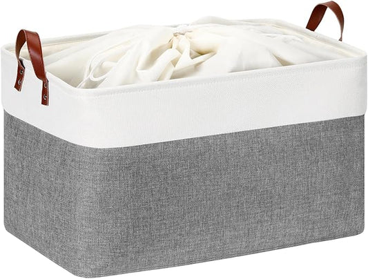 DULLEMELO Extra Large Storage Basket for Organizing, 70L Oversized Storage Bin Foldable Canvas Fabric Blanket Basket, 22" x 15" x 13" Large Kids Toy Basket Organizer with Handles (White&Grey)-NeatNest
