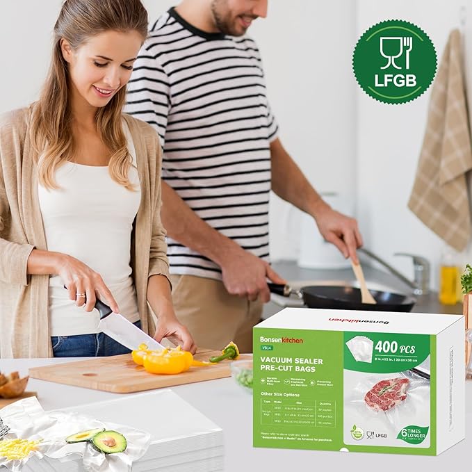 Bonsenkitchen Vacuum Sealer Bags,400 Quart 8" x 12" Precut Food Sealer Bags, Commercial Grade, BPA Free, Heavy Duty, Customized Size Vacuum Bags for Vac Storage, Meal Prep or Sous Vide Cooking, VB14-NeatNest