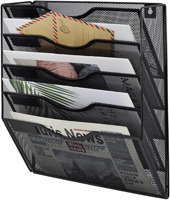 COSYAWN Wall File Holder 5 Pocket Mesh Hanging Wall Organizer Vertical Hanging File Folder Holder Magazine Rack with Nametag Label for Mail Paper Organization,Black-NeatNest