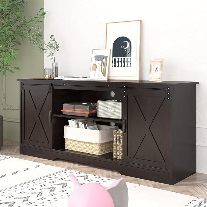 4 EVER WINNER Farmhouse TV Stand for 65+ Inch TV, Espresso Entertainment Center for 65 Inch TV, Modern Farmhouse Television Stands for TVs up to 70, Espresso TV Stand for Flat Screens 65-NeatNest