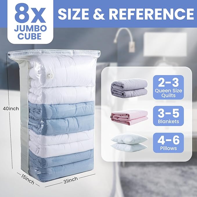 8 Pack Vacuum Storage Bags, Jumbo Cube 31x40x15 Inch, Extra Large Vacuum Seal Bgas for Comforters, Blankets, Pillow, Quilts, Space Saver Clost Oragnization, Clear-NeatNest