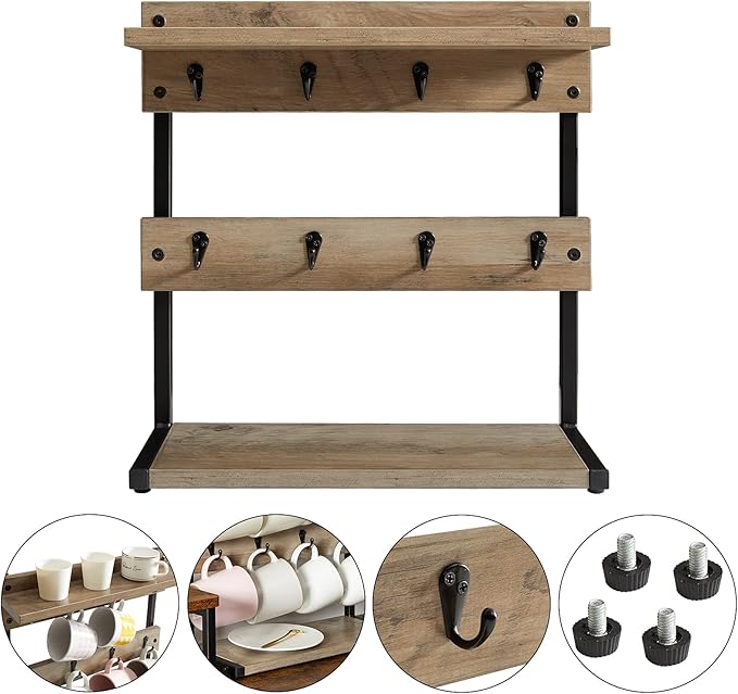 IBUYKE Rustic Coffee Mug Holder Stand, 2 Tier Countertop Mug Tree Holder Rack with Storage Base, Vintage Mug Holders for Kitchen, Holds 8 Mugs, Beige UTBJ002Y-NeatNest