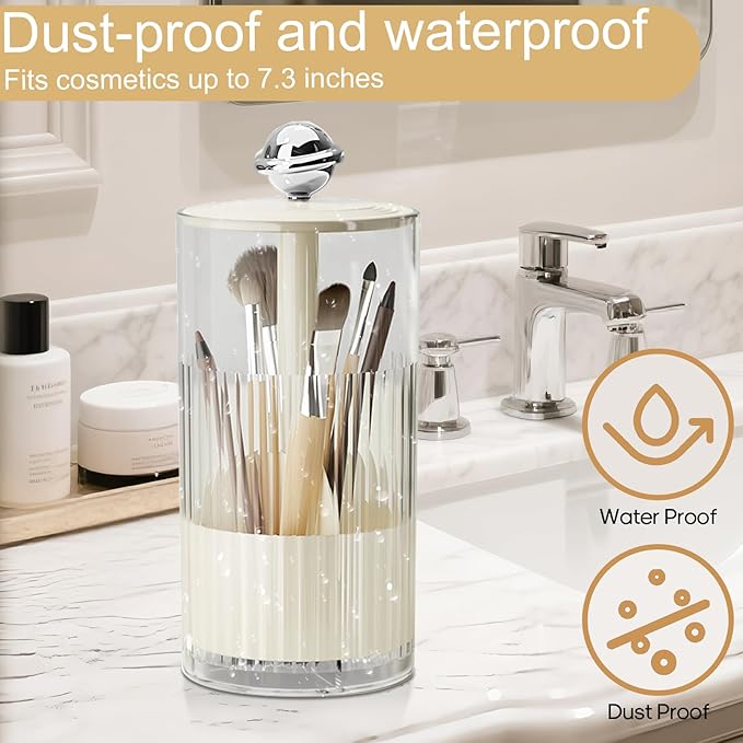 Makeup Brush Holder [Upgrade] with One Touch Open,Makeup Organizer Countertop with Dustproof Lid,Clear Makeup Organizers for Vanity, Desktop, Bathroom (White)-NeatNest