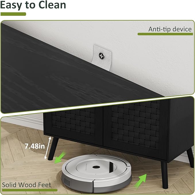 Black Buffet Sideboard Cabinet, Storage Cabinet with Handmade PVC Rattan Decor Doors, Wooden Coffee Station with Adjustable Shelf for Kitchen, Living Room, Entryway-NeatNest