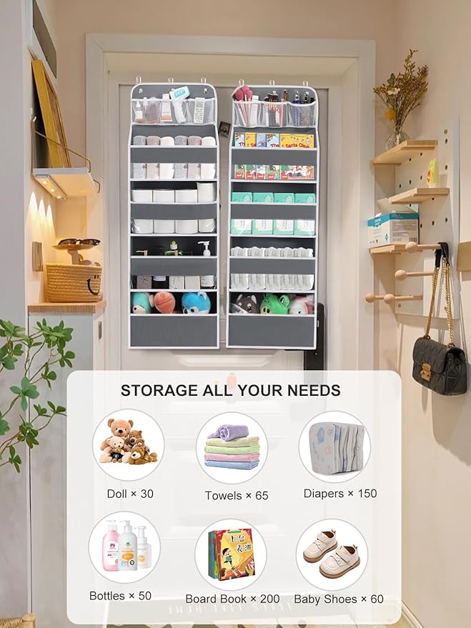 2 Pack Over the Door Organizer with 4 Large Capacity Pocket, 55lb Load Heavy Duty Kid's Room Organizer for Diaper Toys Behind Door Hanging Organizers for Bathroom Nursery Baby Closet Organizer
