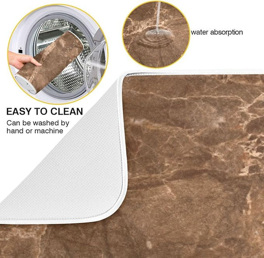 Brown Marble Texture Absorbent Dishes Drainer/Rack Mat for Countertop Small Size 16 x 18, Microfiber Dish Drying Pads Kitchen Counter Draining Pad-NeatNest